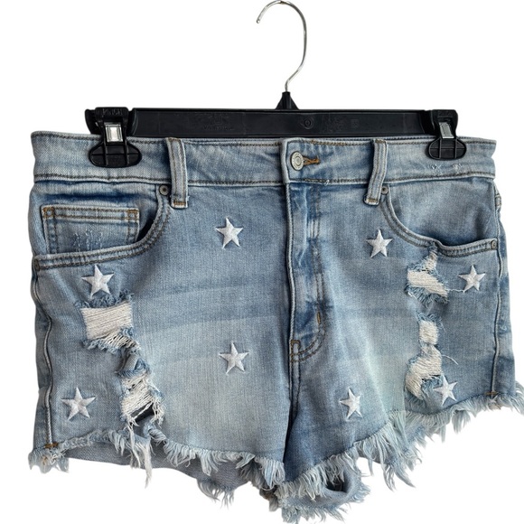 Eunina Jean Shorts Large Stretch Denim Lulu High Rise Distressed Embroider Stars - Picture 2 of 15